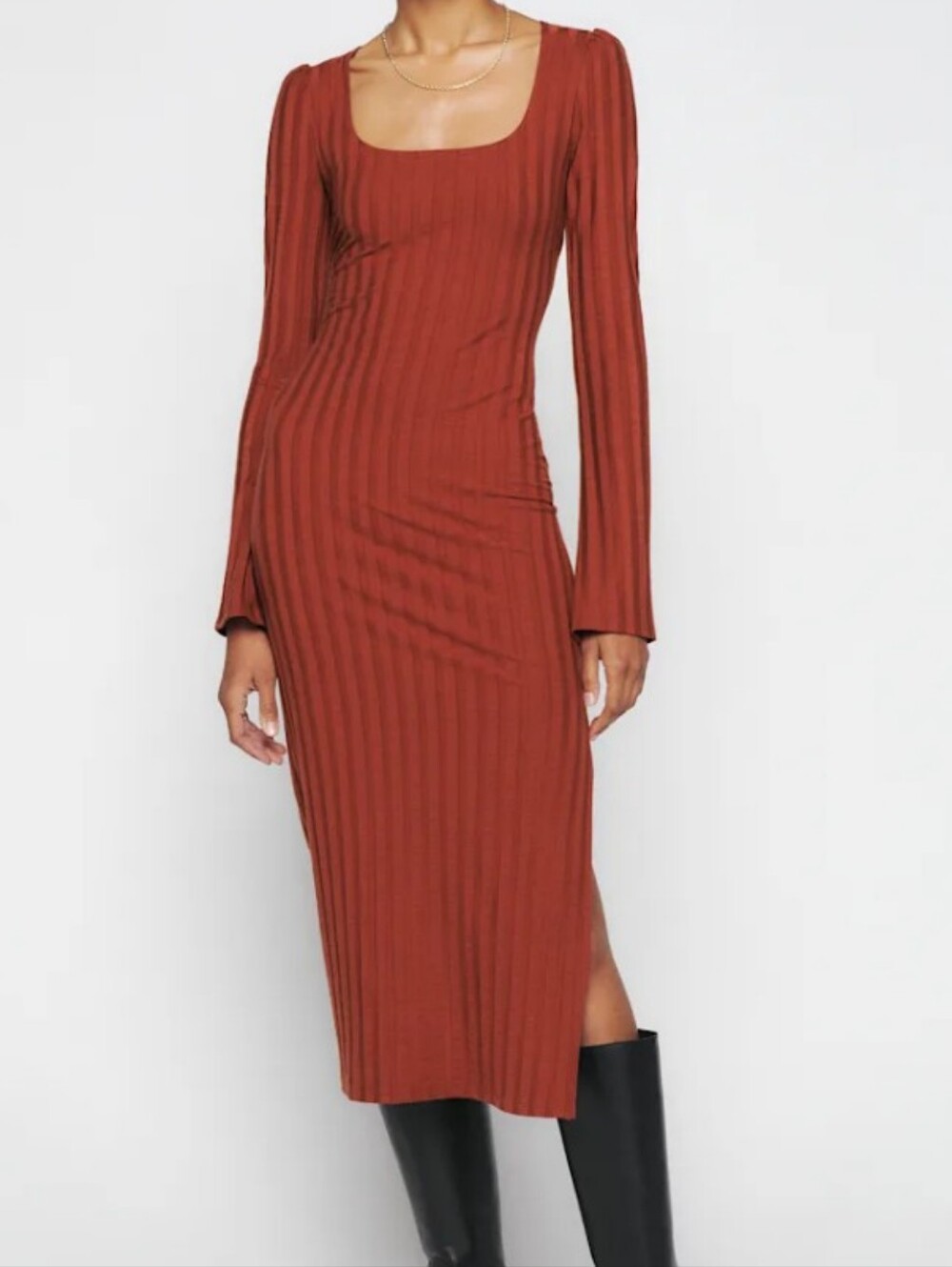 Reformation Ribbed Square-Neck Midi Dress in Rust Size XS